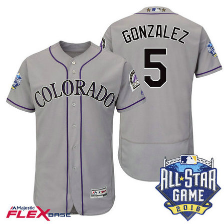 Colorado Rockies #5 Carlos Gonzalez Grey 2016 All-Star Game Patch Flex Base Jersey Colorado Rockies #5 Carlos Gonzalez Grey 2016 All-Star Game Patch Flex Base Jersey