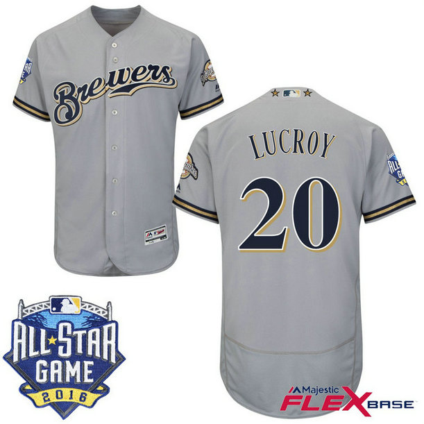 Milwaukee Brewers #20 Jonathan Lucroy Grey 2016 All-Star Game Patch Flex Base Jersey Milwaukee Brewers #20 Jonathan Lucroy Grey 2016 All-Star Game Patch Flex Base Jersey