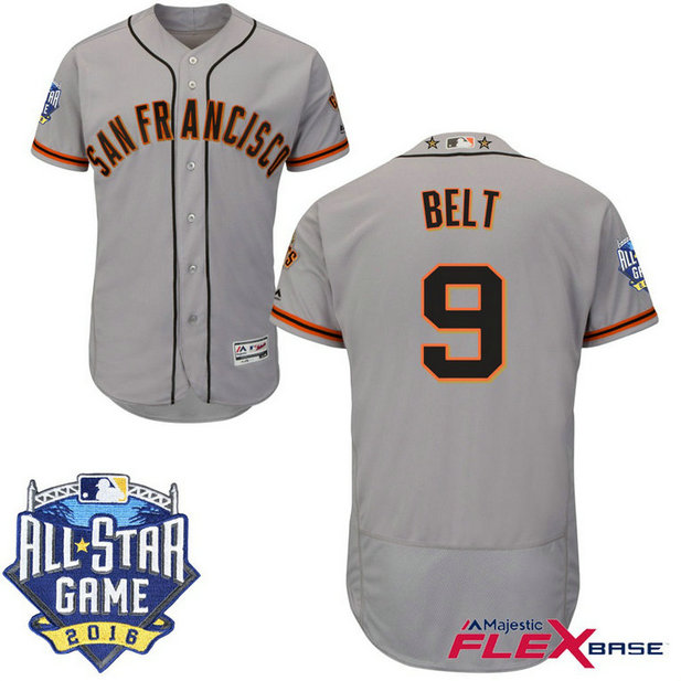 San Francisco Giants #9 Brandon Belt Grey 2016 All-Star Game Patch Flex Base Jersey