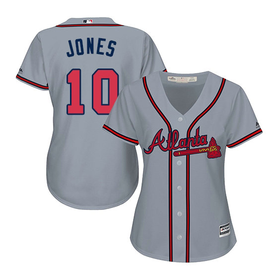 Women - Atlanta Braves #10 Chipper Jones Road Cool Base Grey Replica Jersey