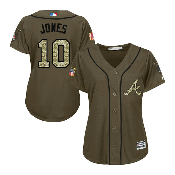 Women - Atlanta Braves #10 Chipper Jones Salute to Service Green Replica Jersey
