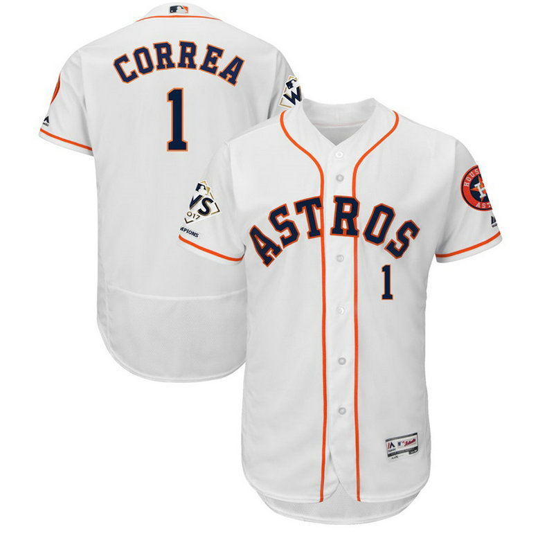 Houston Astros Carlos Correa #1 White 2017 World Series Champions Patch Flex Base Player Jersey Houston Astros Carlos Correa #1 White 2017 World Series Champions Patch Flex Base Player Jersey