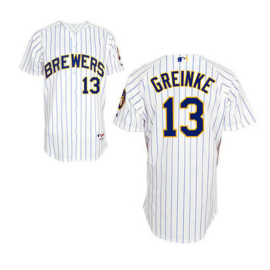 Milwaukee Brewers #13 Zack Greinke White Blue Strip Home Jersey Milwaukee Brewers #13 Zack Greinke White Blue Strip Home Jersey