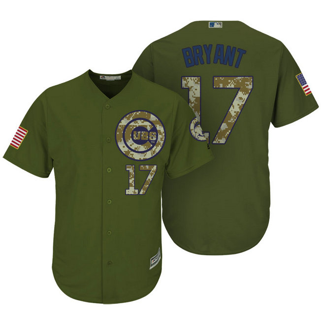 Chicago Cubs #17 Kris Bryant Camo Olive Salute Cool Base Jersey