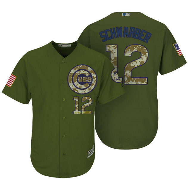 Chicago Cubs #12 Kyle Schwarber Camo Olive Salute Cool Base Jersey
