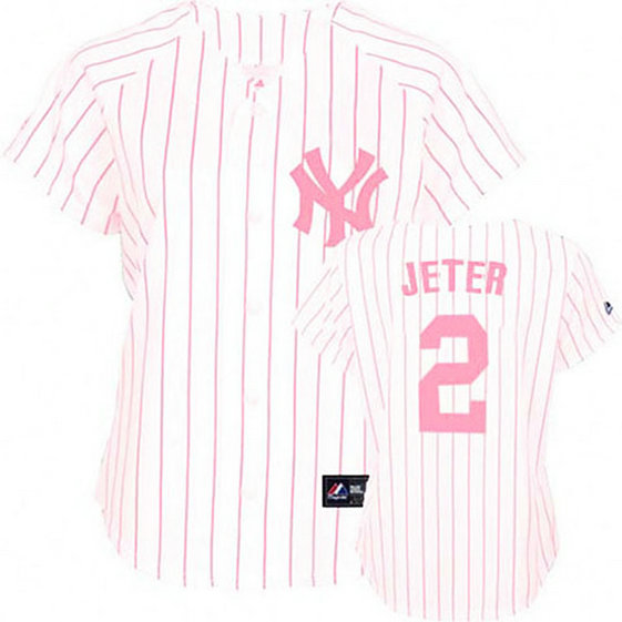 Women - New York Yankees #2 Derek Jeter White(Pink Strip)Fashion Jersey Women - New York Yankees #2 Derek Jeter White(Pink Strip)Fashion Jersey