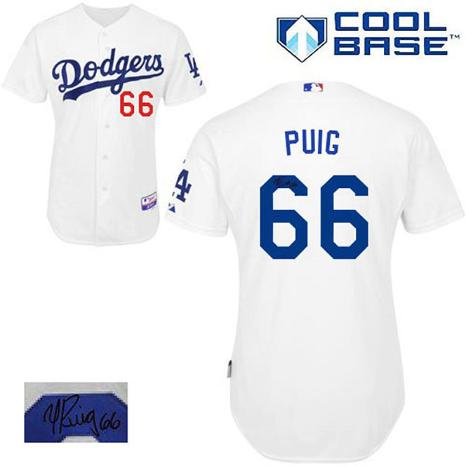 Los Angeles Dodgers #66 Yasiel Puig Authentic White Autographed Home Cool Base Jersey