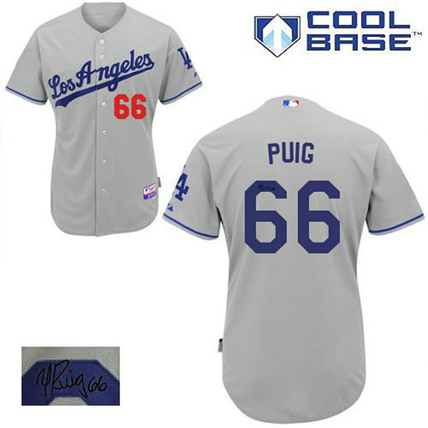 Los Angeles Dodgers #66 Yasiel Puig Authentic Grey Autographed Away Cool Base Jersey