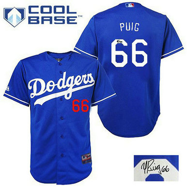 Los Angeles Dodgers #66 Yasiel Puig Authentic Royal Blue Autographed Cool Base Jersey