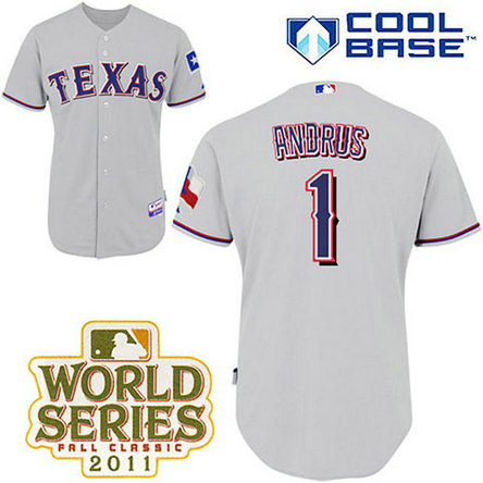 Texas Rangers #1 Elvis Andrus Grey Road Cool Base 2011 World Series Patch Jersey Texas Rangers #1 Elvis Andrus Grey Road Cool Base 2011 World Series Patch Jersey