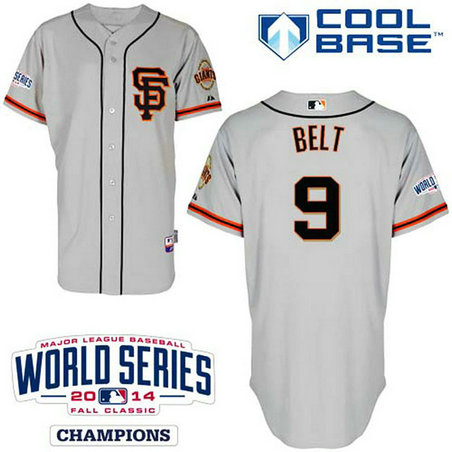 San Francisco Giants #9 Brandon Belt Authentic Grey AlternateW/2014 World Series Cool Base Jersey