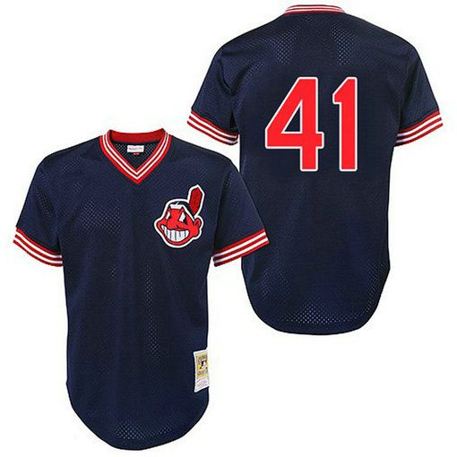 Cleveland Indians #41 Carlos Santana Authentic Navy Blue Mitchell And Ness Throwback Jersey