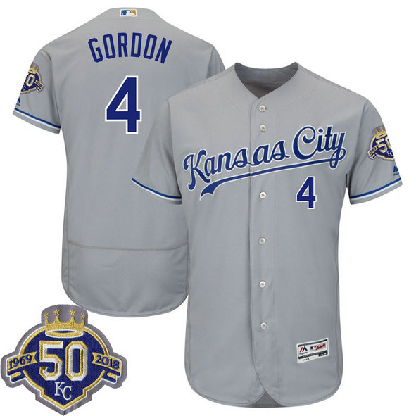 Kansas City Royals Alex Gordon #4 Grey 50th Anniversary Patch On-Field Flex Base Player Jersey