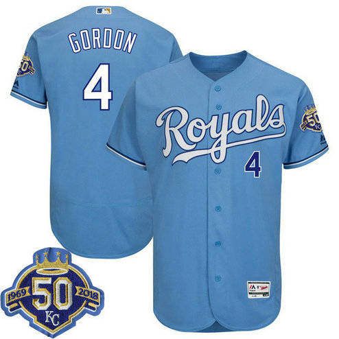 Kansas City Royals Alex Gordon #4 Light Blue 50th Anniversary Patch On-Field Flex Base Player Jersey