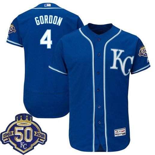 Kansas City Royals Alex Gordon #4 Royal 50th Anniversary Patch On-Field Flex Base Player Jersey Kansas City Royals Alex Gordon #4 Royal 50th Anniversary Patch On-Field Flex Base Player Jersey