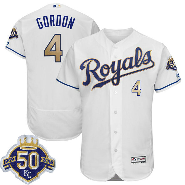Kansas City Royals Alex Gordon #4 White 50th Anniversary Patch Alternate On-Field Flex Base Player Jersey Kansas City Royals Alex Gordon #4 White 50th Anniversary Patch Alternate On-Field Flex Base Player Jersey