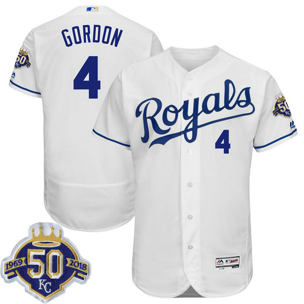 Kansas City Royals Alex Gordon #4 White 50th Anniversary Patch On-Field Flex Base Player Jersey Kansas City Royals Alex Gordon #4 White 50th Anniversary Patch On-Field Flex Base Player Jersey