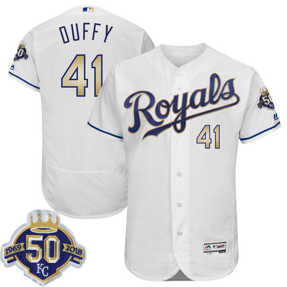 Kansas City Royals Danny Duffy #41 White 50th Anniversary Patch Alternate On-Field Flex Base Player Jersey Kansas City Royals Danny Duffy #41 White 50th Anniversary Patch Alternate On-Field Flex Base Player Jersey