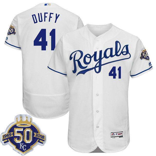Kansas City Royals Danny Duffy #41 White 50th Anniversary Patch On-Field Flex Base Player Jersey Kansas City Royals Danny Duffy #41 White 50th Anniversary Patch On-Field Flex Base Player Jersey