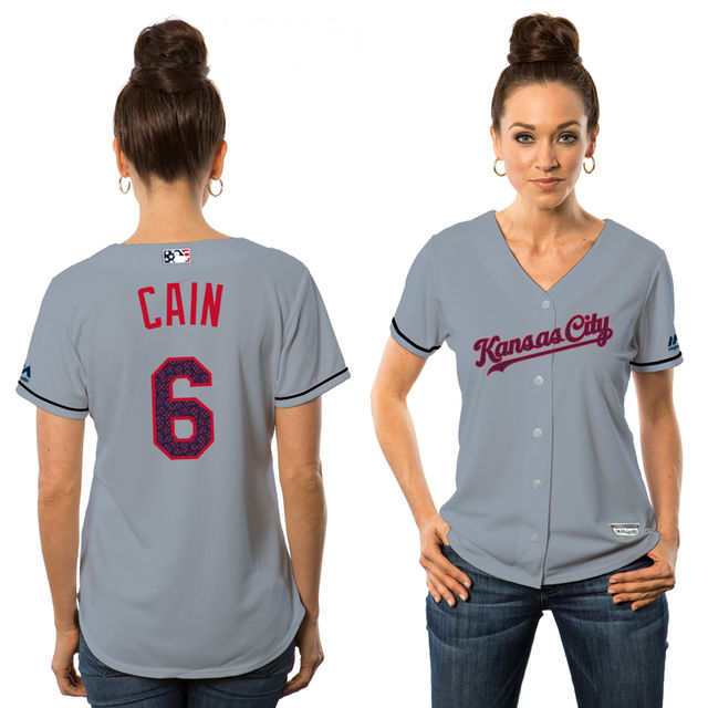 Women - Kansas City Royals Lorenzo Cain #6 Grey 2016 Independence Day Stars & Stripes Cool Base Jersey