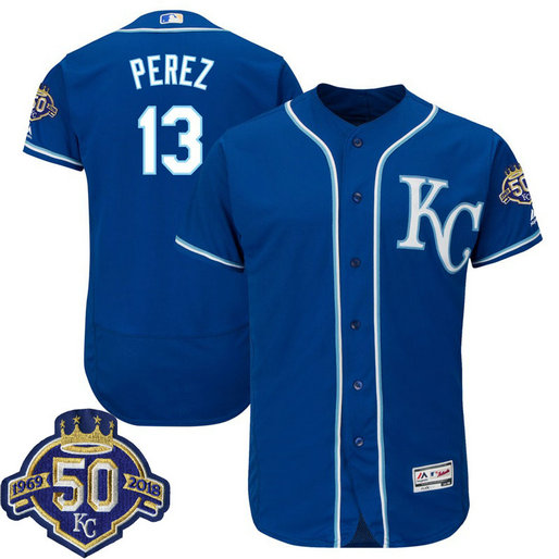 Kansas City Royals Salvador Perez #13 Royal 50th Anniversary Patch On-Field Flex Base Player Jersey Kansas City Royals Salvador Perez #13 Royal 50th Anniversary Patch On-Field Flex Base Player Jersey