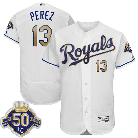 Kansas City Royals Salvador Perez #13 White 50th Anniversary Patch Alternate On-Field Flex Base Player Jersey Kansas City Royals Salvador Perez #13 White 50th Anniversary Patch Alternate On-Field Flex Base Player Jersey