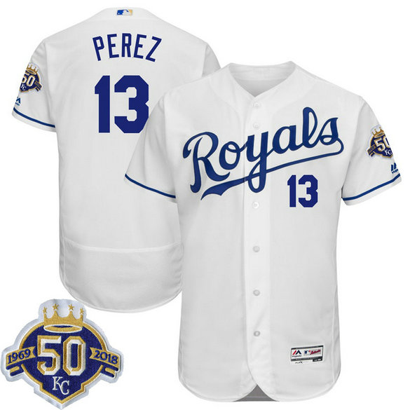 Kansas City Royals Salvador Perez #13 White 50th Anniversary Patch On-Field Flex Base Player Jersey Kansas City Royals Salvador Perez #13 White 50th Anniversary Patch On-Field Flex Base Player Jersey