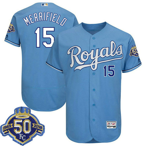 Kansas City Royals Whit Merrifield #15 Light Blue 50th Anniversary Patch On-Field Flex Base Player Jersey
