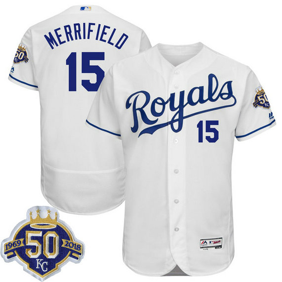 Kansas City Royals Whit Merrifield #15 White 50th Anniversary Patch On-Field Flex Base Player Jersey