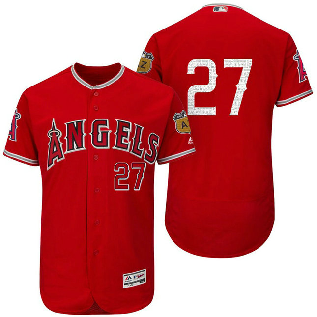 Los Angeles Angels Mike Trout #27 Scarlet 2017 Spring Training Cactus League Patch Authentic Collection Flex Base Jersey Los Angeles Angels Mike Trout #27 Scarlet 2017 Spring Training Cactus League Patch Authentic Collection Flex Base Jersey