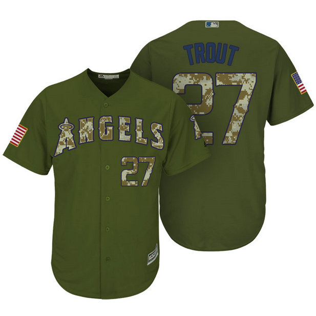 Los Angeles Angels of Anaheim #27 Mike Trout Camo Olive Salute Cool Base Jersey