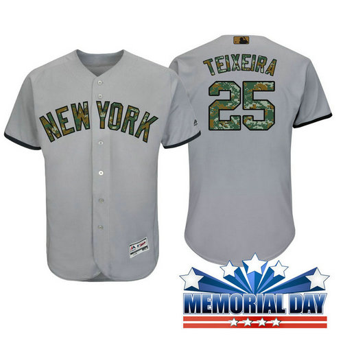 New York Yankees Mark Teixeira #25 Grey Camo Fashion 2016 Memorial Day Cool Base Jersey