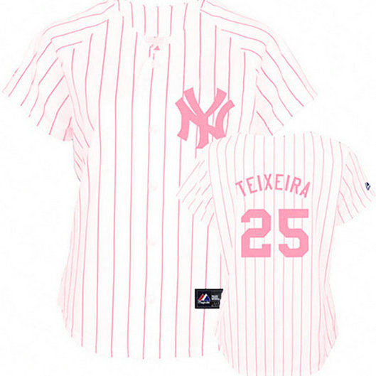 Women - New York Yankees #25 Mark Teixeira White(Pink Strip)Fashion Jersey