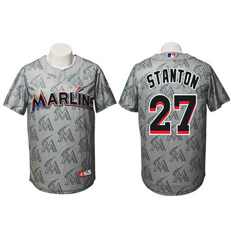 Miami Marlins #27 Giancarlo Stanton Authentic Watermark Fashion Grey Jersey