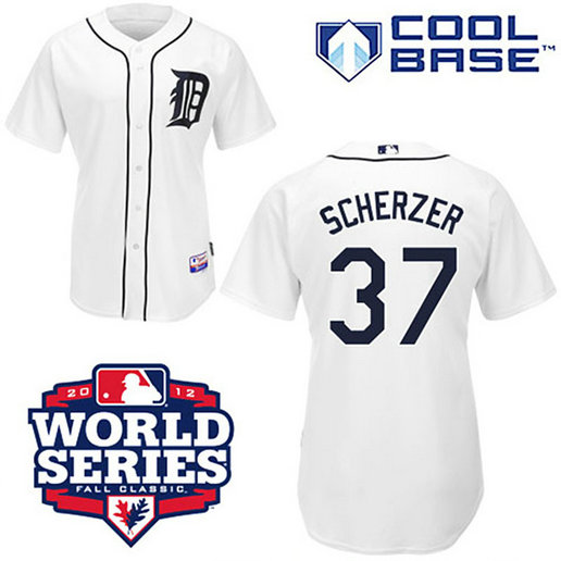 Detroit Tigers #37 Max Scherzer Cool Base White with 2012 World Series Patch Jersey