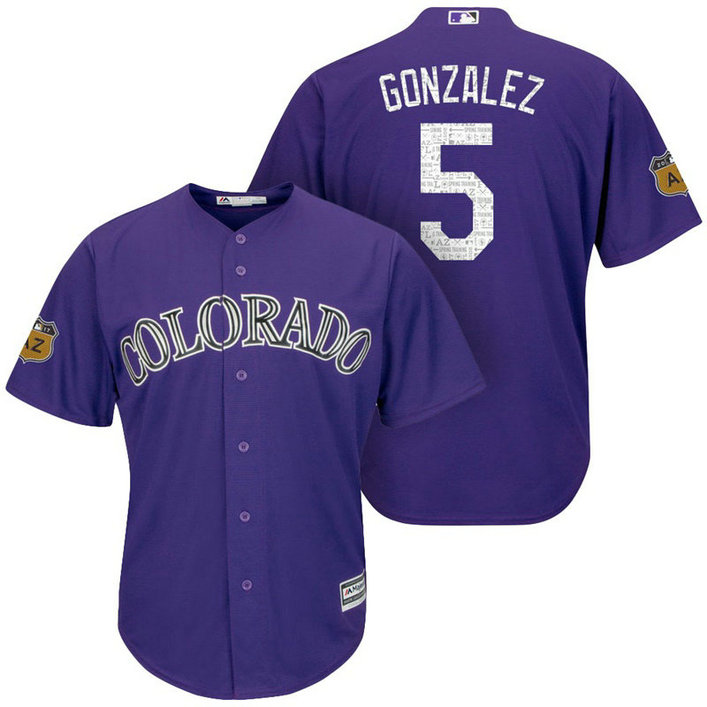 Colorado Rockies #5 Carlos Gonzalez 2017 Spring Training Cactus League Patch Purple Cool Base Jersey Colorado Rockies #5 Carlos Gonzalez 2017 Spring Training Cactus League Patch Purple Cool Base Jersey