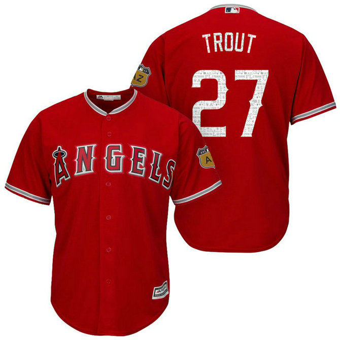 Los Angeles Angels #27 Mike Trout 2017 Spring Training Cactus League Patch Scarlet Cool Base Jersey