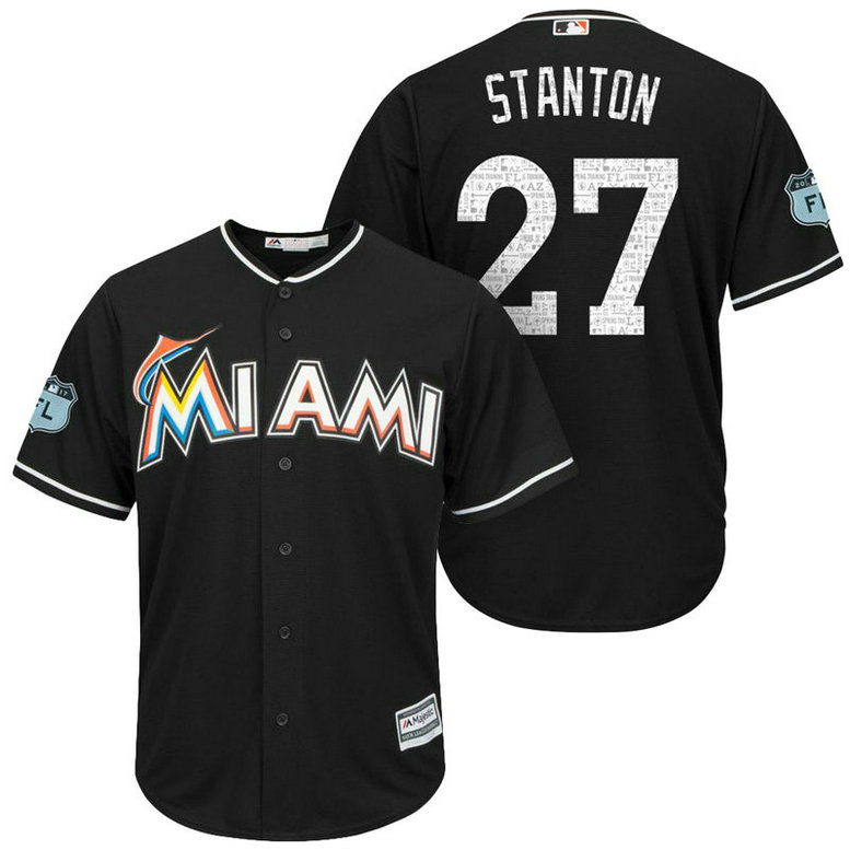 Miami Marlins #27 Giancarlo Stanton 2017 Spring Training Grapefruit League Patch Black Cool Base Jersey