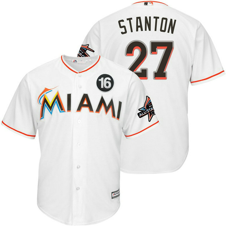 Miami Marlins #27 Giancarlo Stanton 2017 All-Star Jose Fernandez Patch White Cool Base Jersey