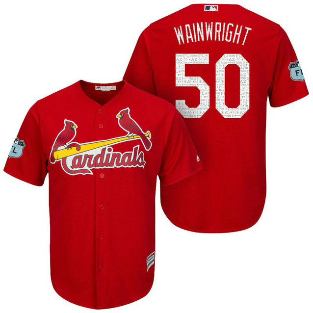 St. Louis Cardinals #50 Adam Wainwright 2017 Spring Training Grapefruit League Patch Scarlet Cool Base Jersey St. Louis Cardinals #50 Adam Wainwright 2017 Spring Training Grapefruit League Patch Scarlet Cool Base Jersey