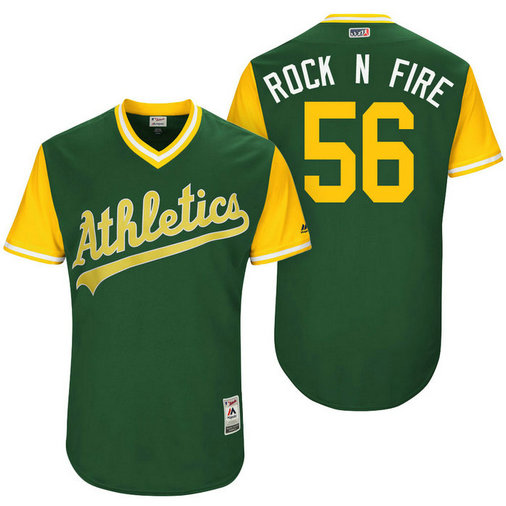 Oakland Athletics Chris Smith #56 Rock n Fire Green Nickname 2017 Little League Players Weekend Jersey Oakland Athletics Chris Smith #56 Rock n Fire Green Nickname 2017 Little League Players Weekend Jersey