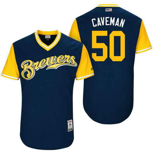 Milwaukee Brewers Jacob Barnes #50 Caveman Navy Nickname 2017 Little League Players Weekend Jersey Milwaukee Brewers Jacob Barnes #50 Caveman Navy Nickname 2017 Little League Players Weekend Jersey