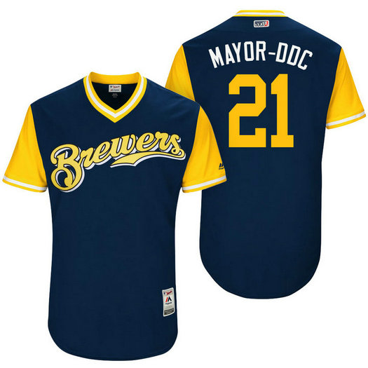 Milwaukee Brewers Travis Shaw #21 Mayor-DDC Navy Nickname 2017 Little League Players Weekend Jersey