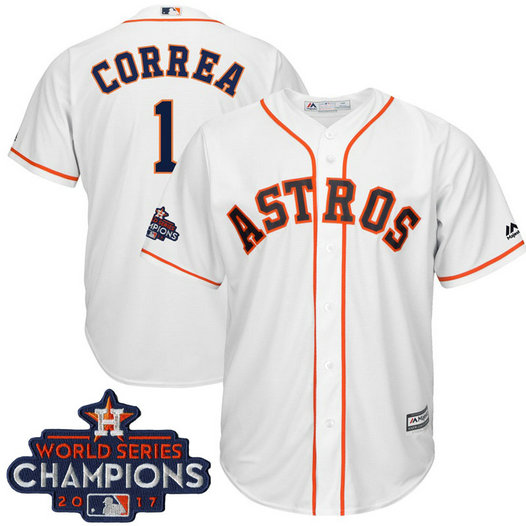 Houston Astros Carlos Correa #1 White 2017 World Series Champions Team Logo Patch Cool Base Jersey Houston Astros Carlos Correa #1 White 2017 World Series Champions Team Logo Patch Cool Base Jersey