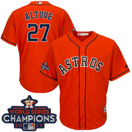 Houston Astros Jose Altuve #27 Orange 2017 World Series Champions Team Logo Patch Cool Base Jersey