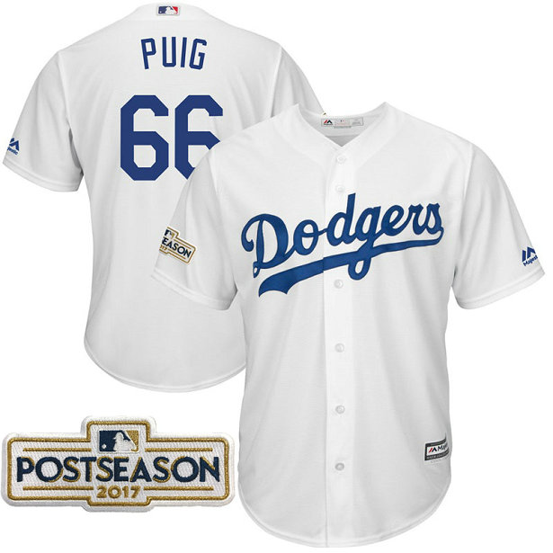 Yasiel Puig #66 Los Angeles Dodgers 2017 Postseason White Cool Base Jersey