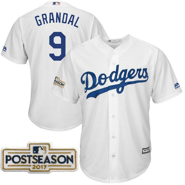 Yasmani Grandal #9 Los Angeles Dodgers 2017 Postseason White Cool Base Jersey