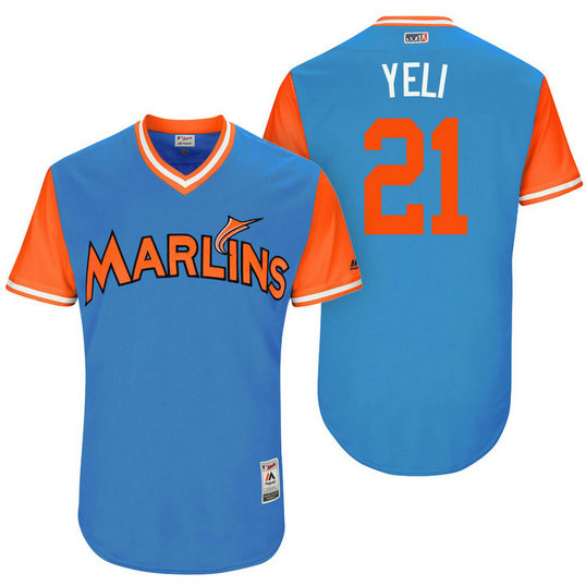 Miami Marlins Christian Yelich #21 Yeli Blue Nickname 2017 Little League Players Weekend Jersey Miami Marlins Christian Yelich #21 Yeli Blue Nickname 2017 Little League Players Weekend Jersey