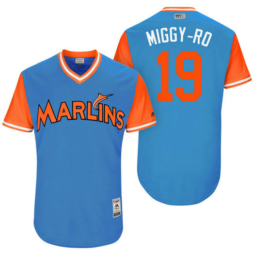 Miami Marlins Miguel Rojas #19 Miggy-Ro Blue Nickname 2017 Little League Players Weekend Jersey Miami Marlins Miguel Rojas #19 Miggy-Ro Blue Nickname 2017 Little League Players Weekend Jersey