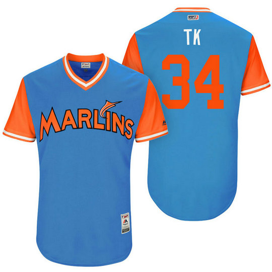 Miami Marlins Tom Koehler #34 TK Blue Nickname 2017 Little League Players Weekend Jersey Miami Marlins Tom Koehler #34 TK Blue Nickname 2017 Little League Players Weekend Jersey